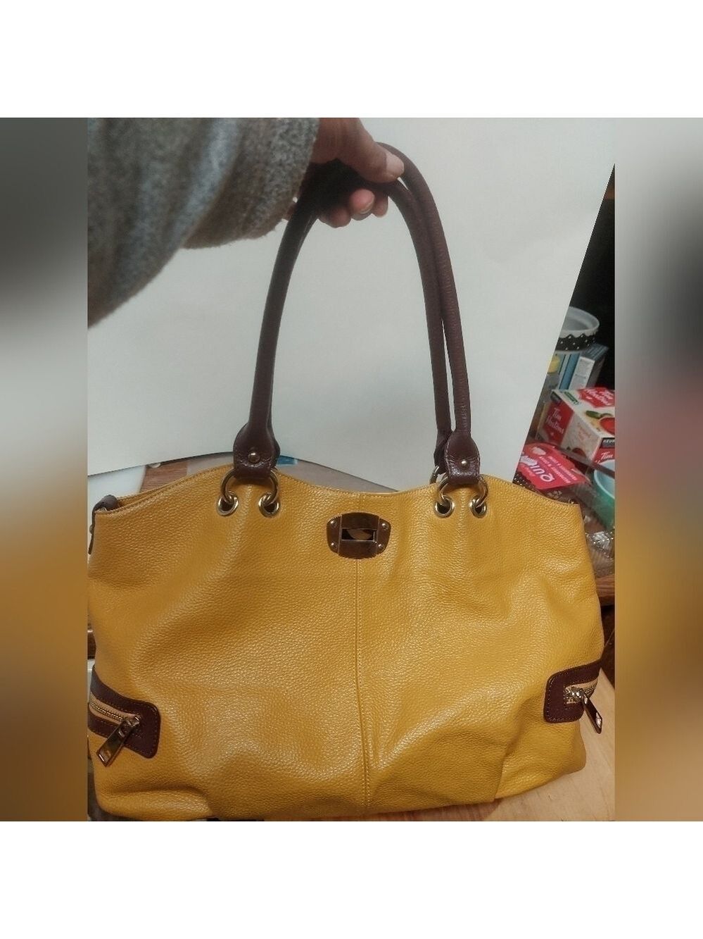 Robert Dice Pebbled Leather Mustard Yellow Large Satchel Bag